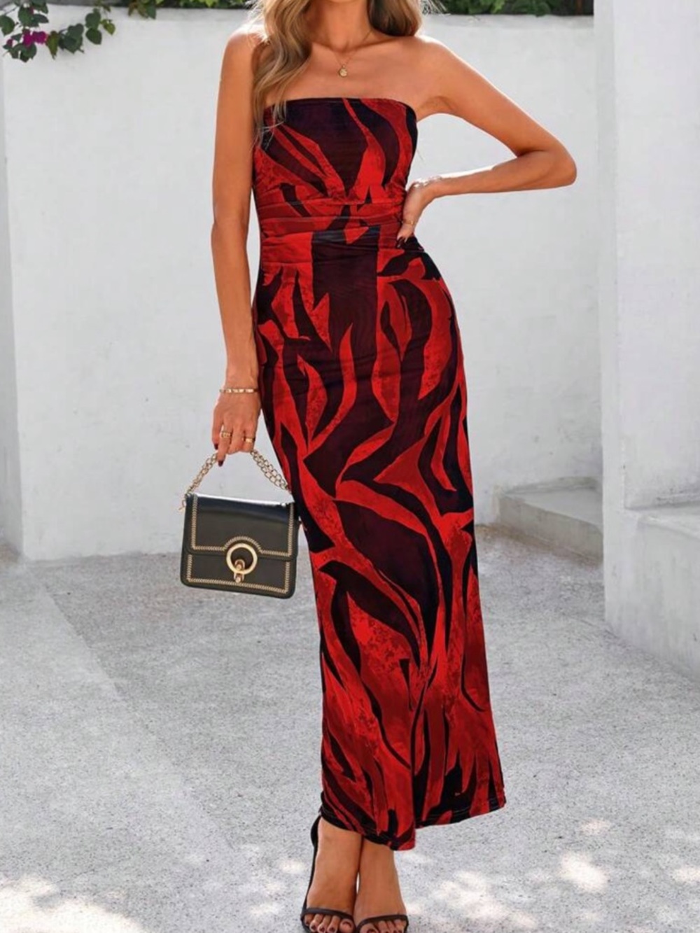 Red and Black Leaves Strapless Maxi